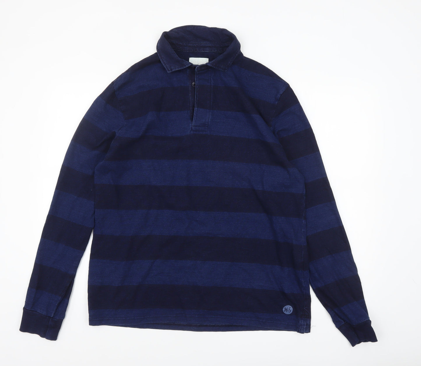 Marks and Spencer Mens Blue Striped Long Sleeve Cotton Polo L