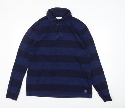 Marks and Spencer Mens Blue Striped Long Sleeve Cotton Polo L