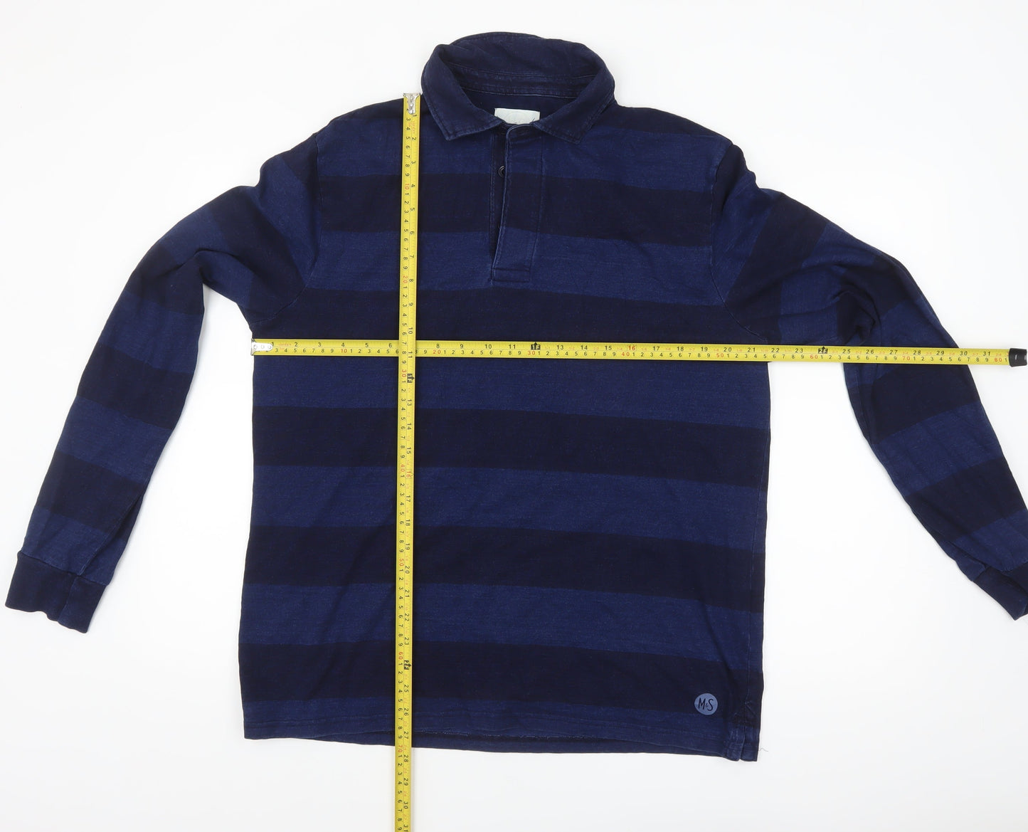 Marks and Spencer Mens Blue Striped Long Sleeve Cotton Polo L
