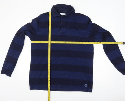 Marks and Spencer Mens Blue Striped Long Sleeve Cotton Polo L
