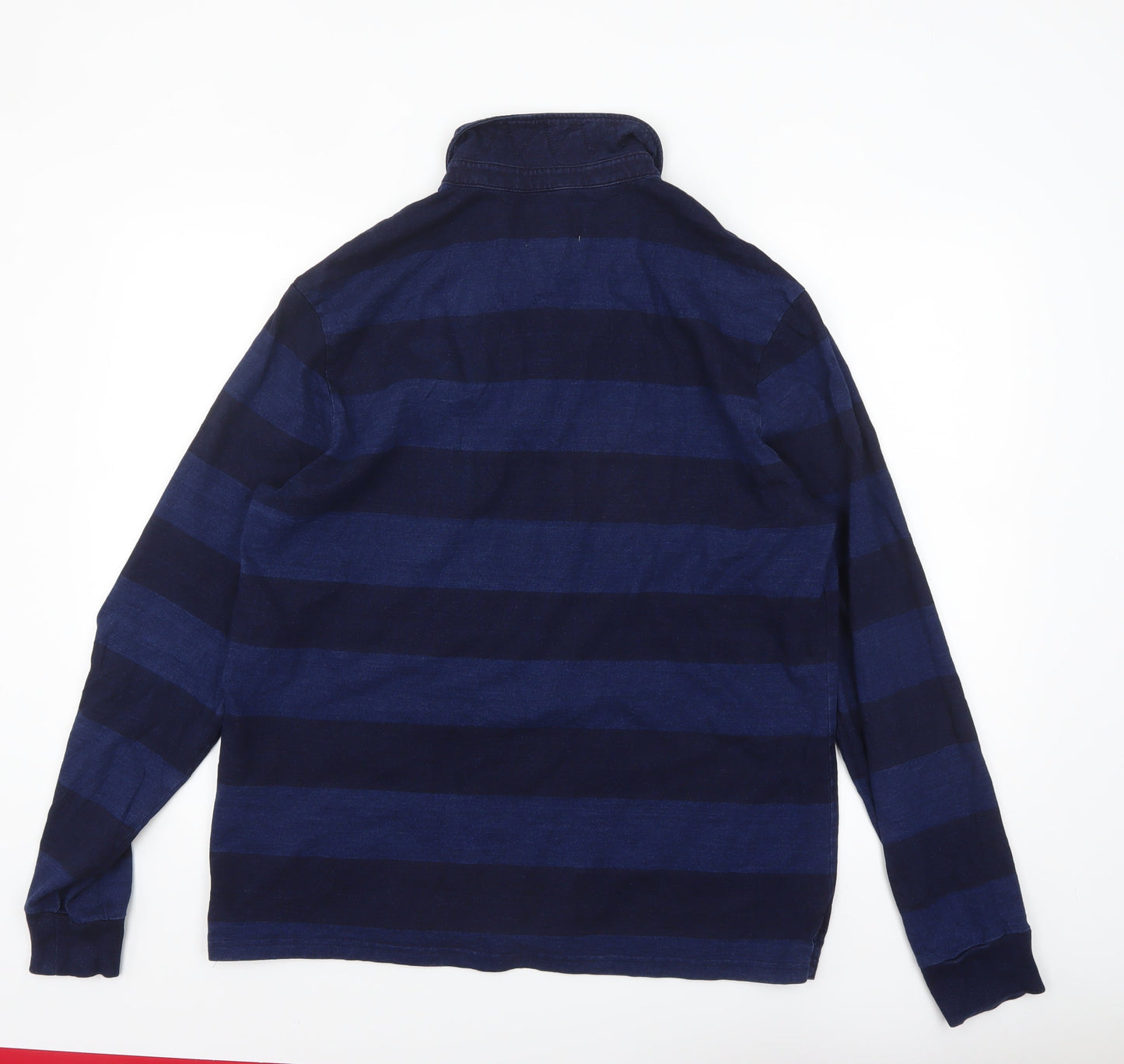 Marks and Spencer Mens Blue Striped Long Sleeve Cotton Polo L