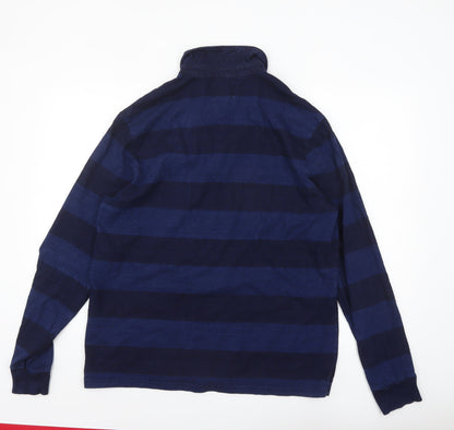 Marks and Spencer Mens Blue Striped Long Sleeve Cotton Polo L