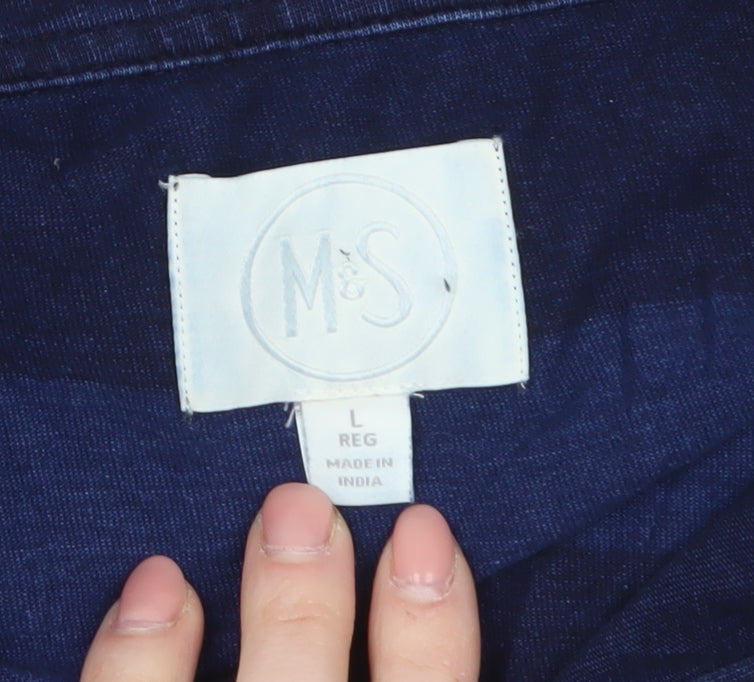 Marks and Spencer Mens Blue Striped Long Sleeve Cotton Polo L