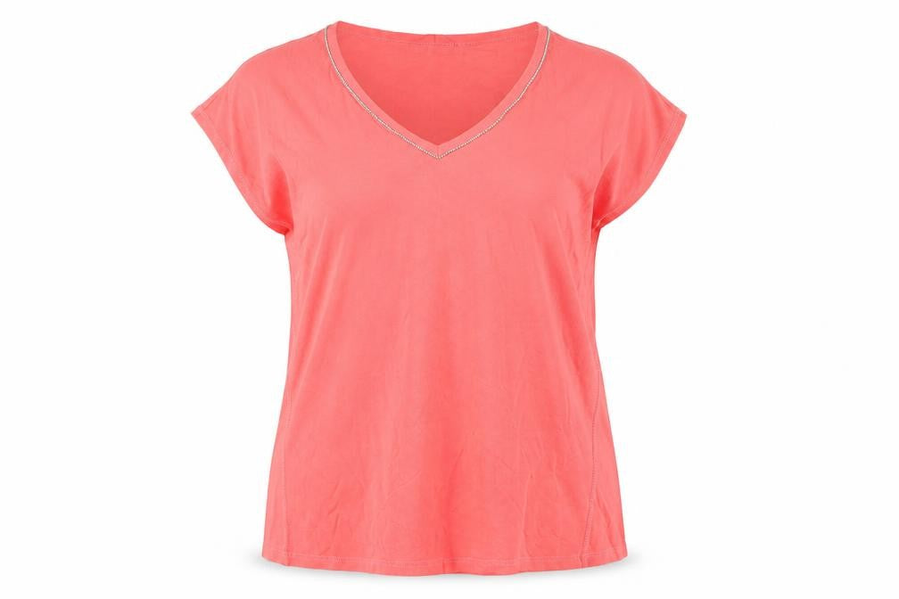 Bonmarché Women Pink Size 18 Cotton Linen Beaded V-Neck T-Shirt