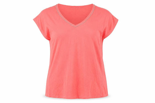 Bonmarché Women Pink Size 18 Cotton Linen Beaded V-Neck T-Shirt