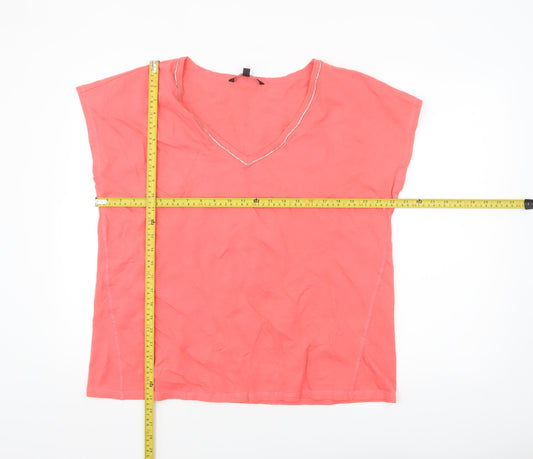 Bonmarché Women Pink Size 18 Cotton Linen Beaded V-Neck T-Shirt