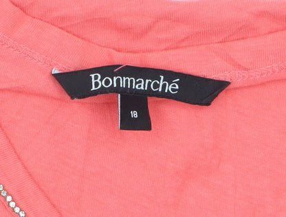 Bonmarché Women Pink Size 18 Cotton Linen Beaded V-Neck T-Shirt
