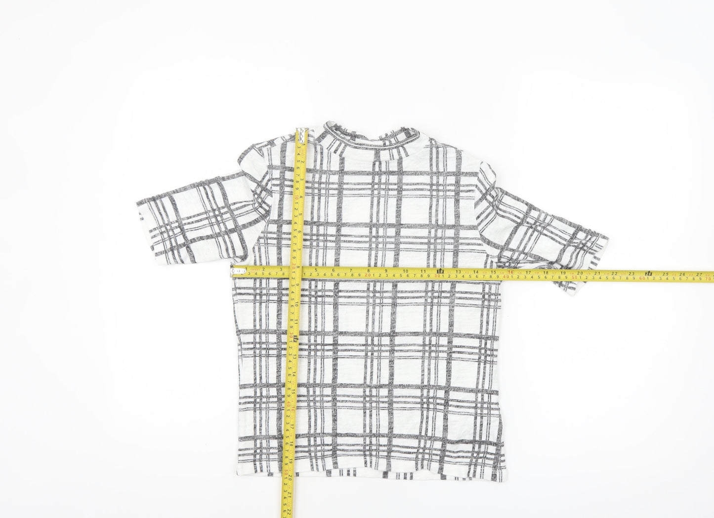 Topshop Women’s White Check Short Sleeve High Neck T-Shirt Size 10