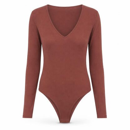 MNG Women Brown Ribbed Long Sleeve V-Neck Bodysuit Size S