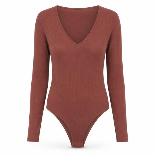 MNG Women Brown Ribbed Long Sleeve V-Neck Bodysuit Size S