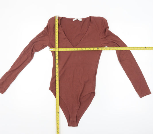 MNG Women Brown Ribbed Long Sleeve V-Neck Bodysuit Size S