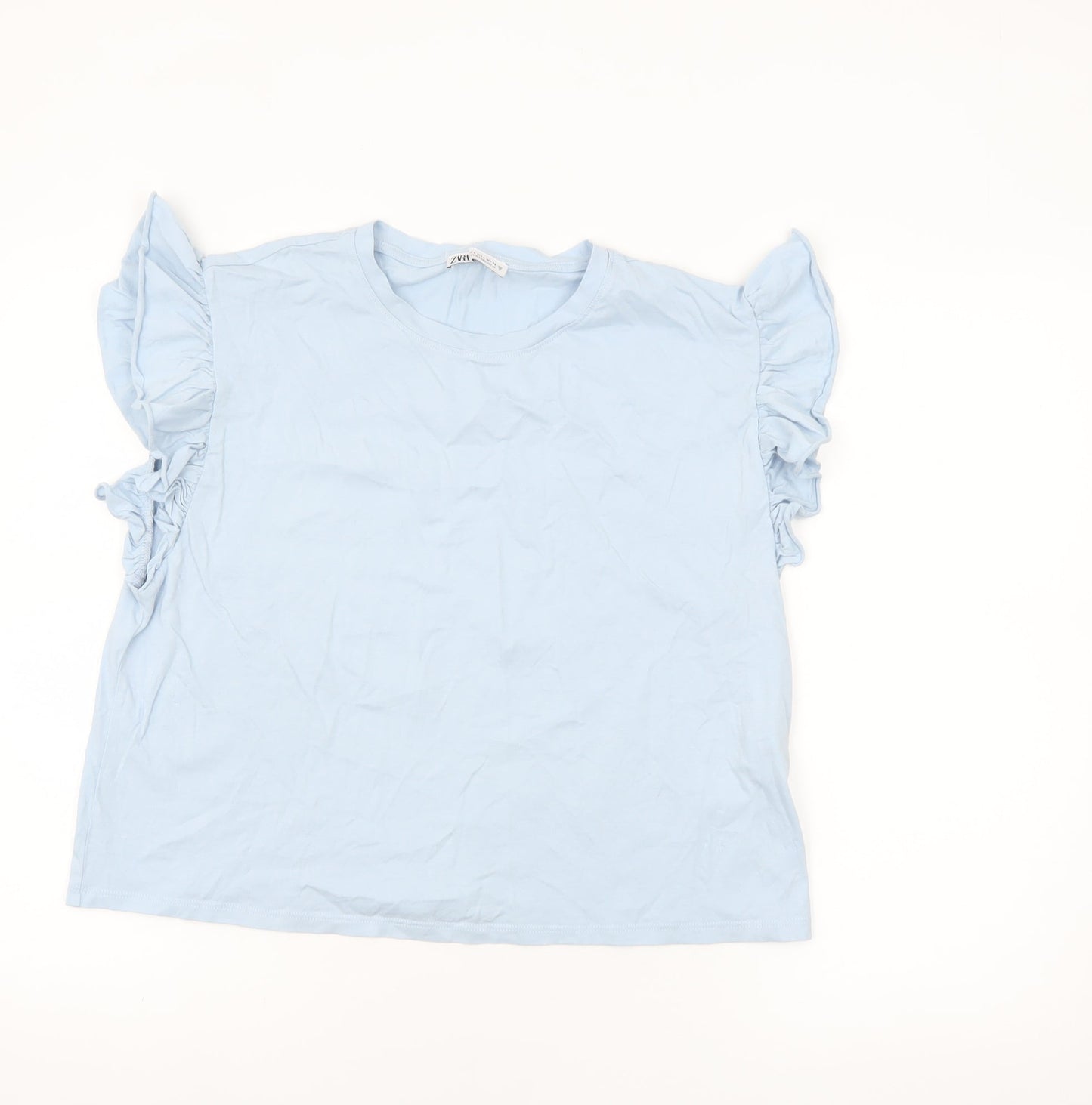 Zara Women Blue Ruffle Sleeve Cotton T-Shirt Size L