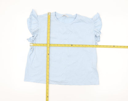 Zara Women Blue Ruffle Sleeve Cotton T-Shirt Size L