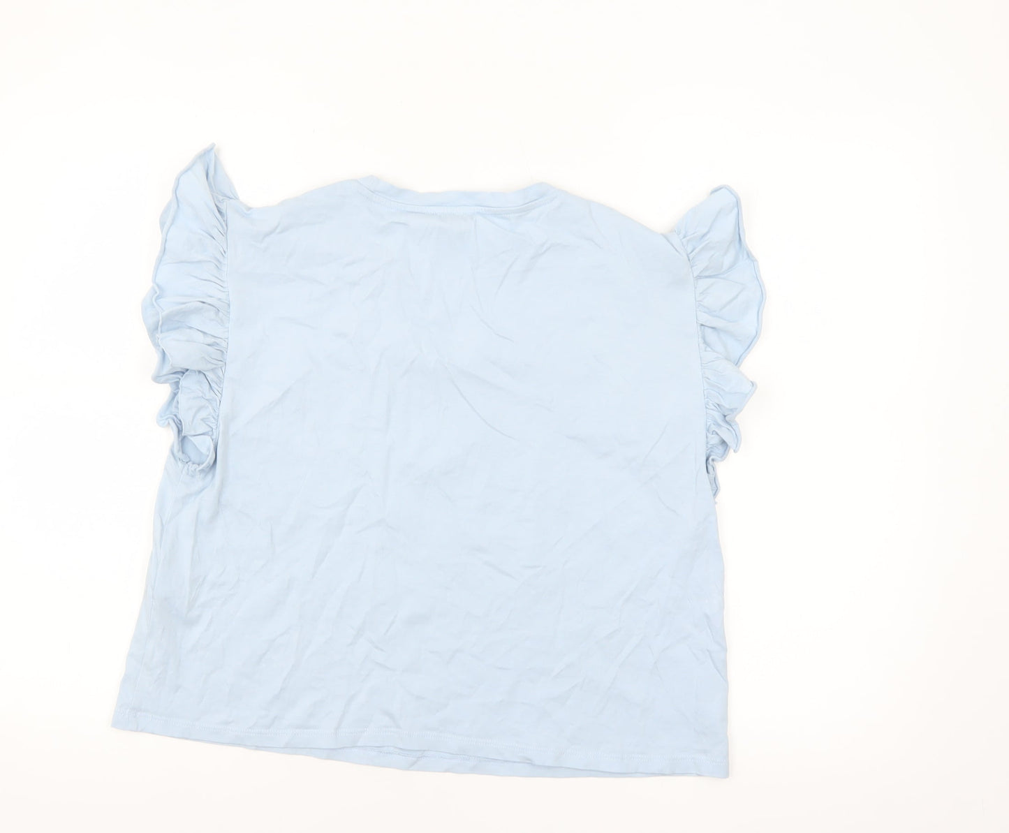 Zara Women Blue Ruffle Sleeve Cotton T-Shirt Size L