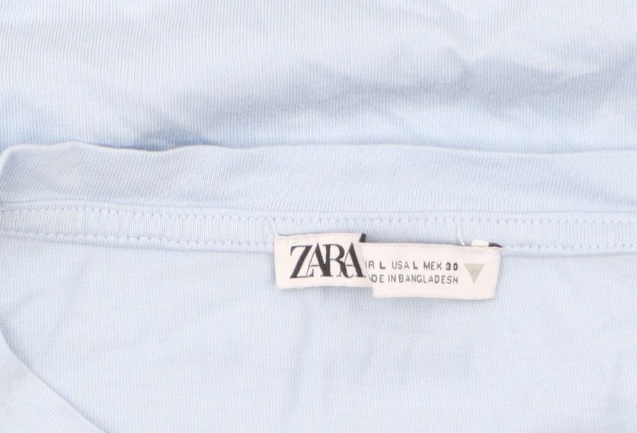 Zara Women Blue Ruffle Sleeve Cotton T-Shirt Size L