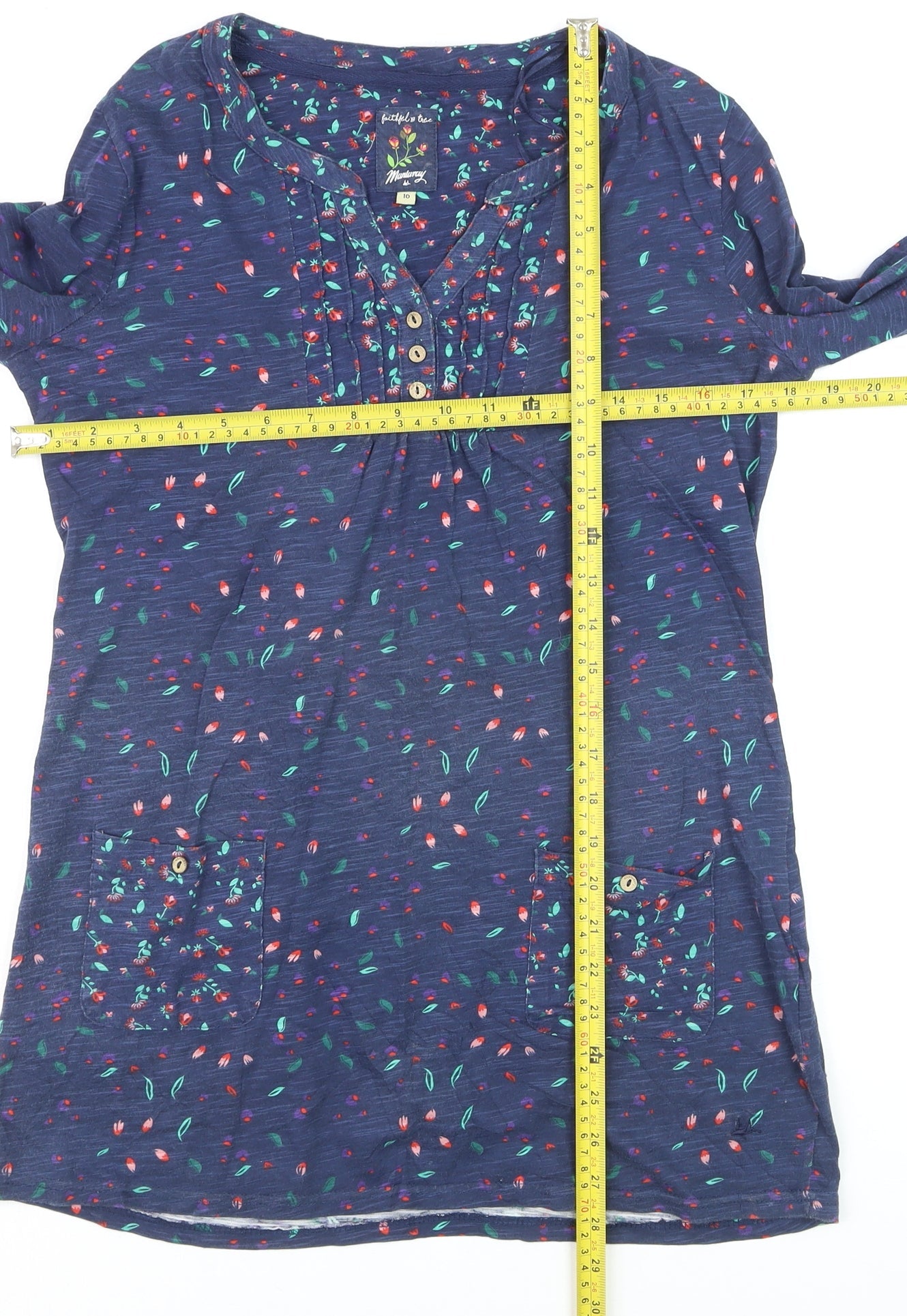 Mantaray Women's Blue Floral Cotton Tunic Blouse Size 10