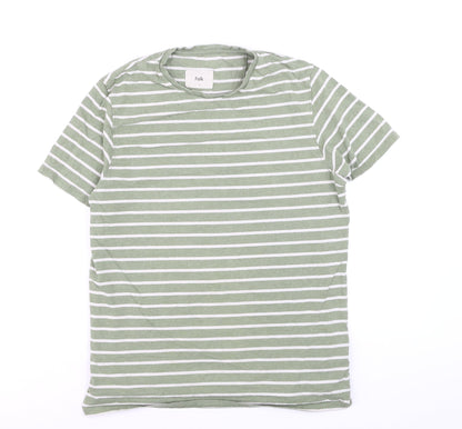 Folk Men's Green White Striped Cotton Crew Neck T-Shirt Size L