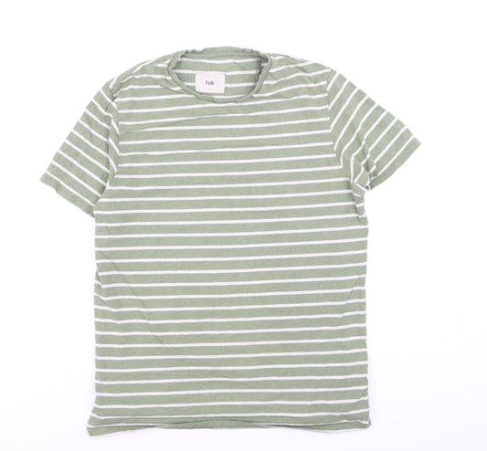Folk Men's Green White Striped Cotton Crew Neck T-Shirt Size L
