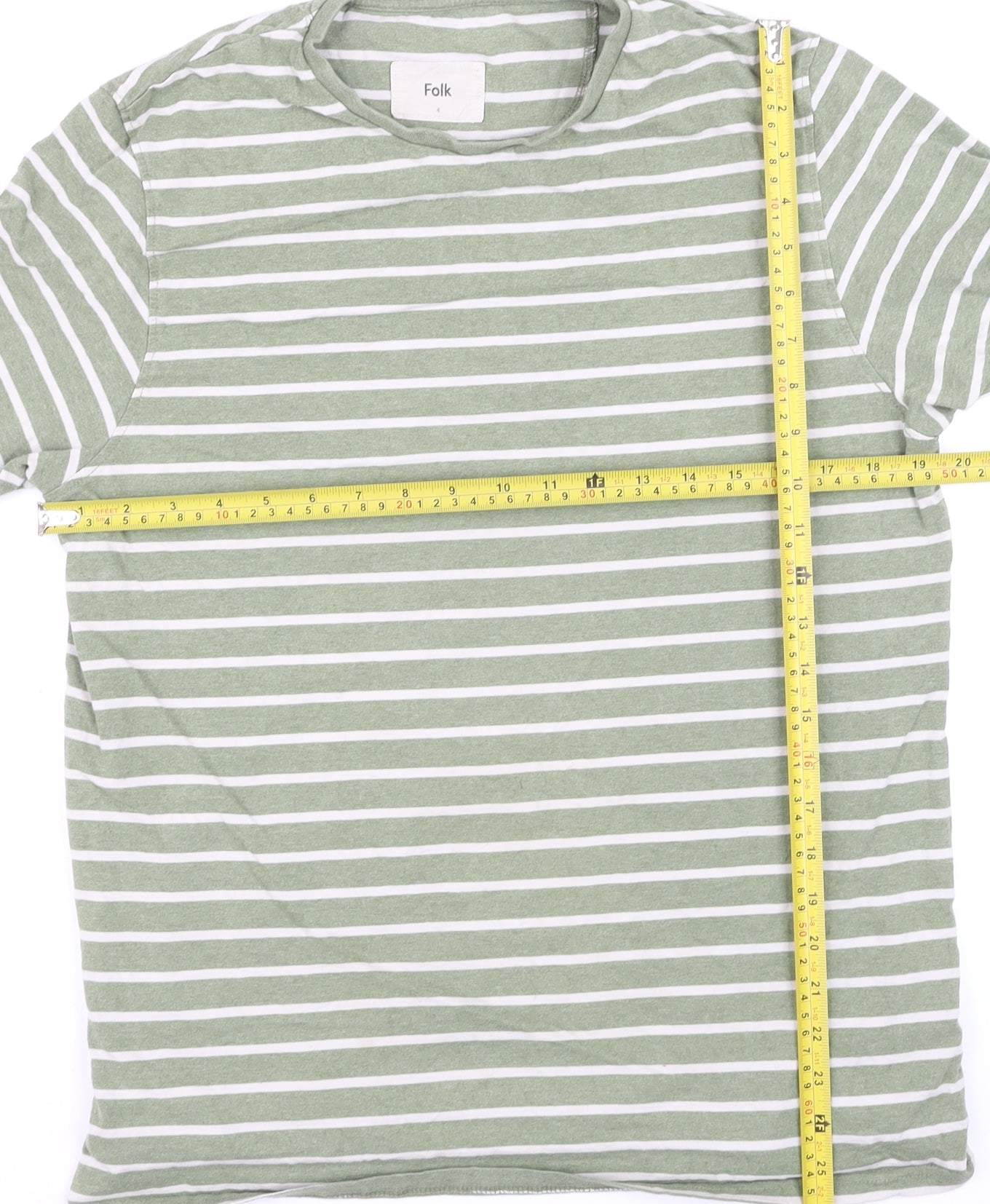 Folk Men's Green White Striped Cotton Crew Neck T-Shirt Size L