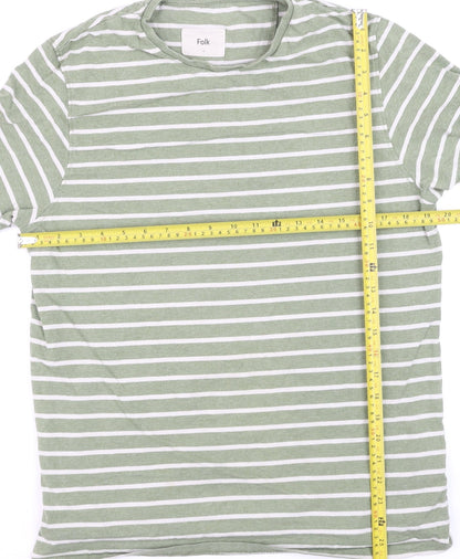 Folk Men's Green White Striped Cotton Crew Neck T-Shirt Size L