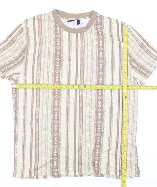 ASOS DESIGN Men's Beige Aztec Geometric Cotton Crew Neck T-Shirt Size S