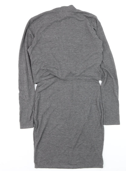 Boohoo Women’s Grey Bodycon Mock Neck Long Sleeve Knee Dress Size M