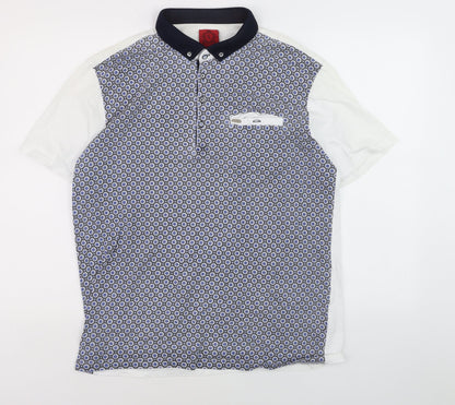 Swade Men's Blue Geometric Short Sleeve Cotton Polo 2XL