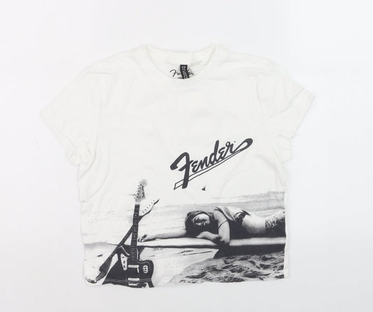 Fender Girls White Graphic Print Cotton T-Shirt Short Sleeve Size S