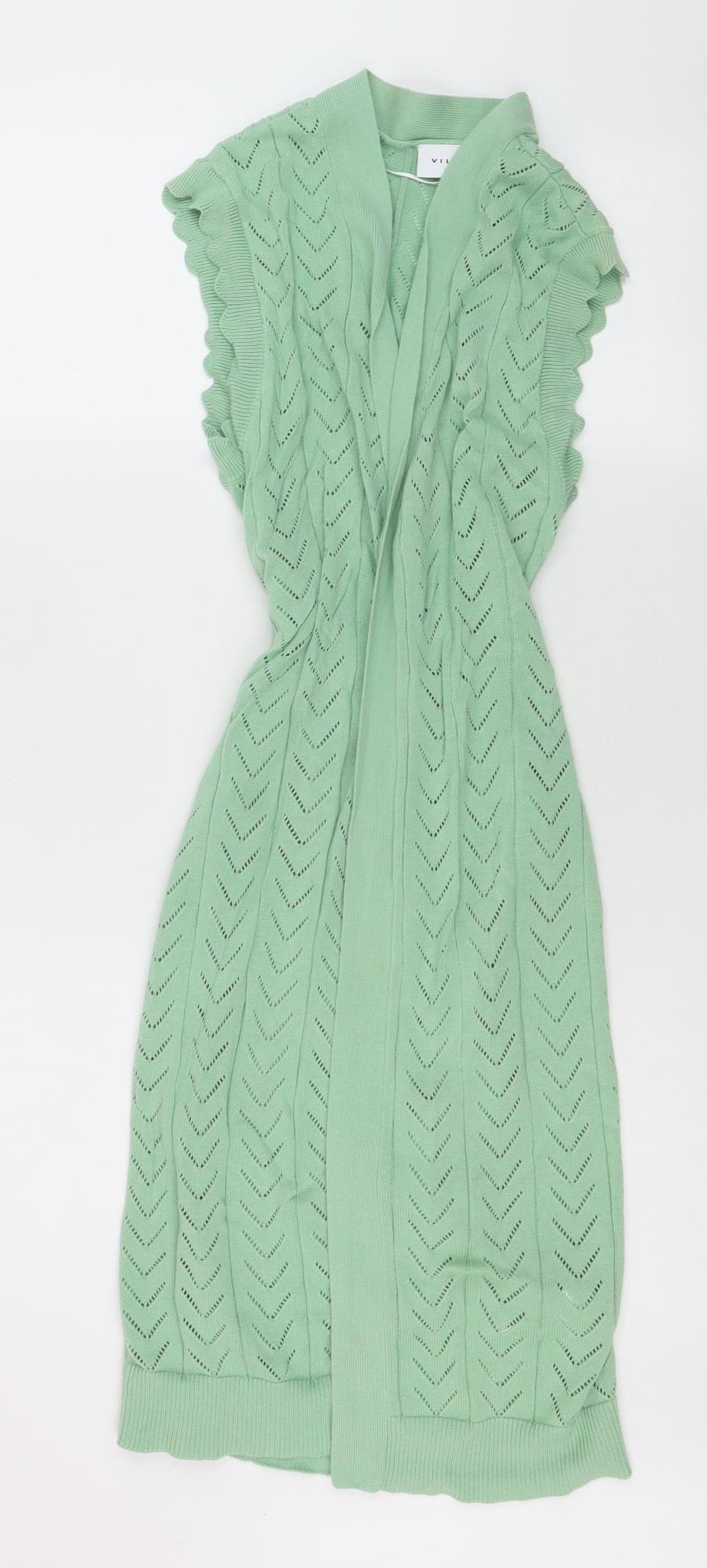 Vila Women Green Open Knit Sleeveless Belted Cardigan XS