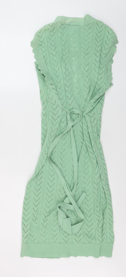Vila Women Green Open Knit Sleeveless Belted Cardigan XS