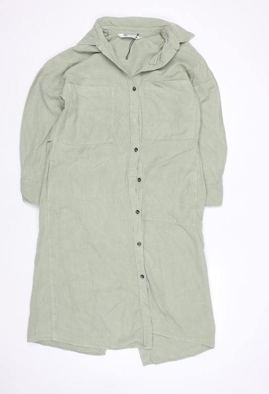 Zara Women Green Linen Shirt Dress Size 16 Long Sleeve Midi