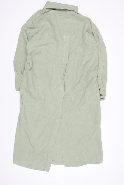 Zara Women Green Linen Shirt Dress Size 16 Long Sleeve Midi