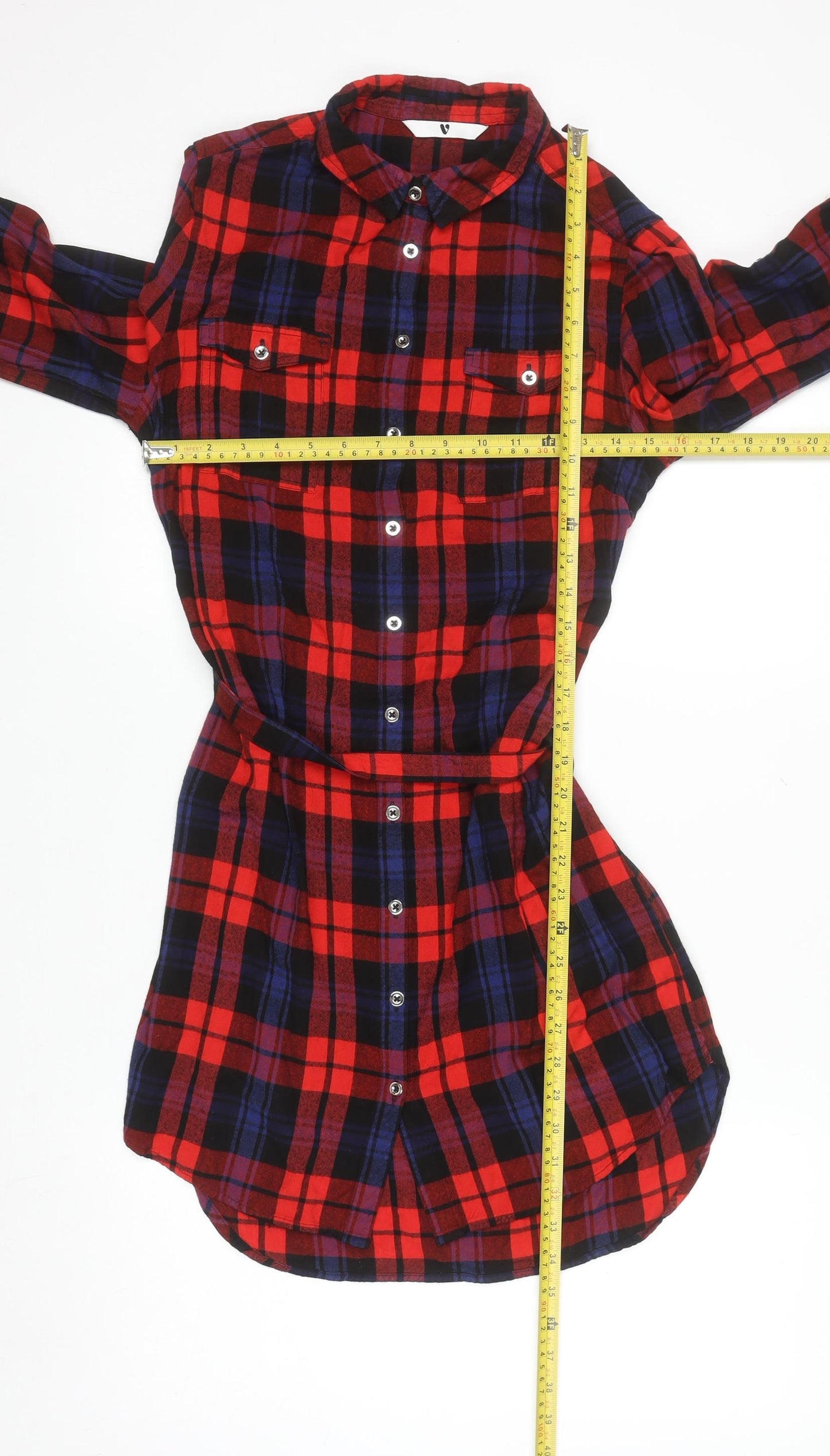 Very Womens Red Check Long Sleeve Belted Shirt Dress Size 8