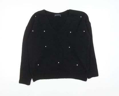 Marks and Spencer Women's Black Beaded V-Neck Jumper Size 10