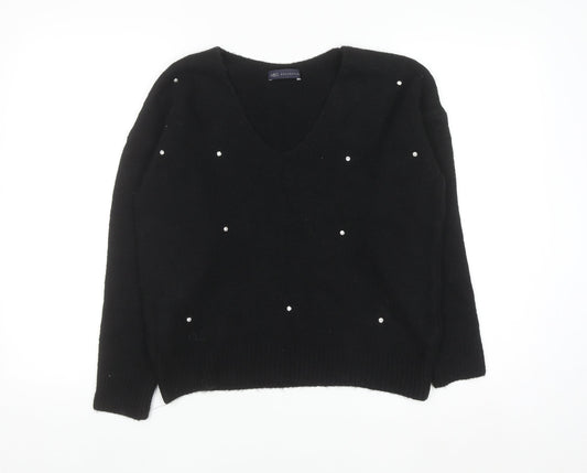 Marks and Spencer Women's Black Beaded V-Neck Jumper Size 10