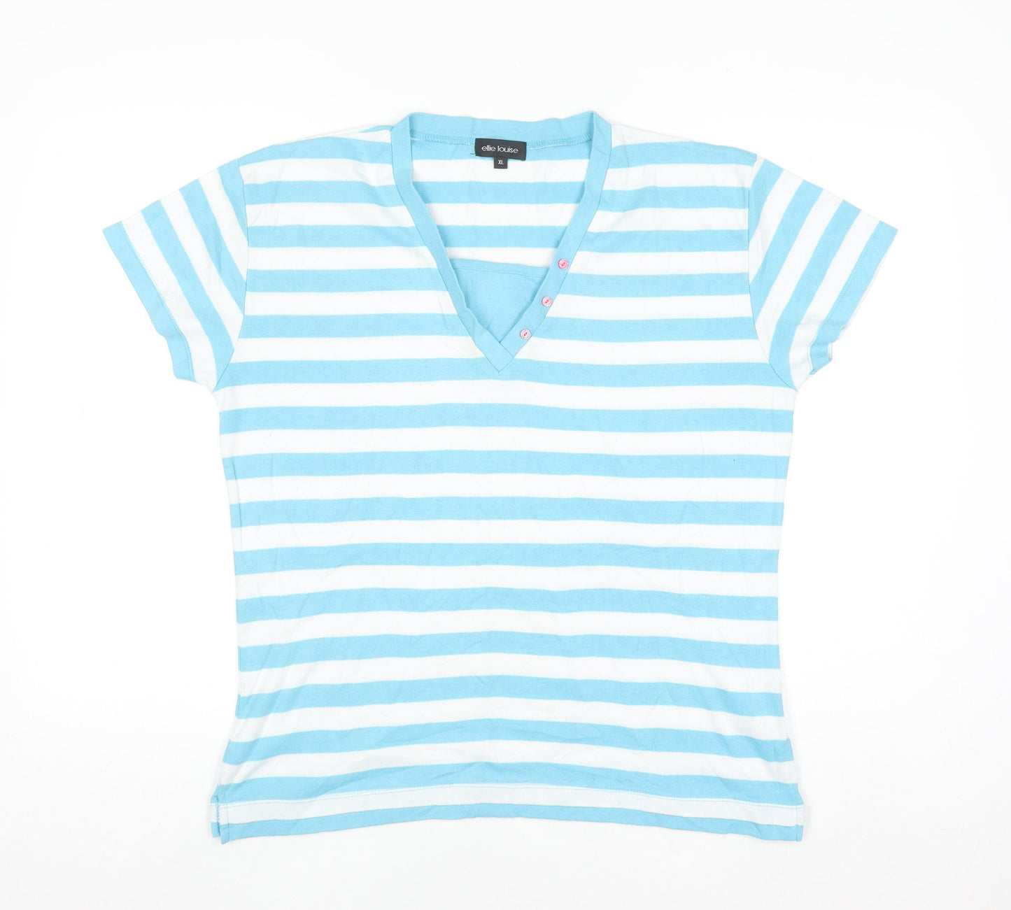 Ellie Louise Women Blue White Striped V-Neck Short Sleeve T-Shirt XL