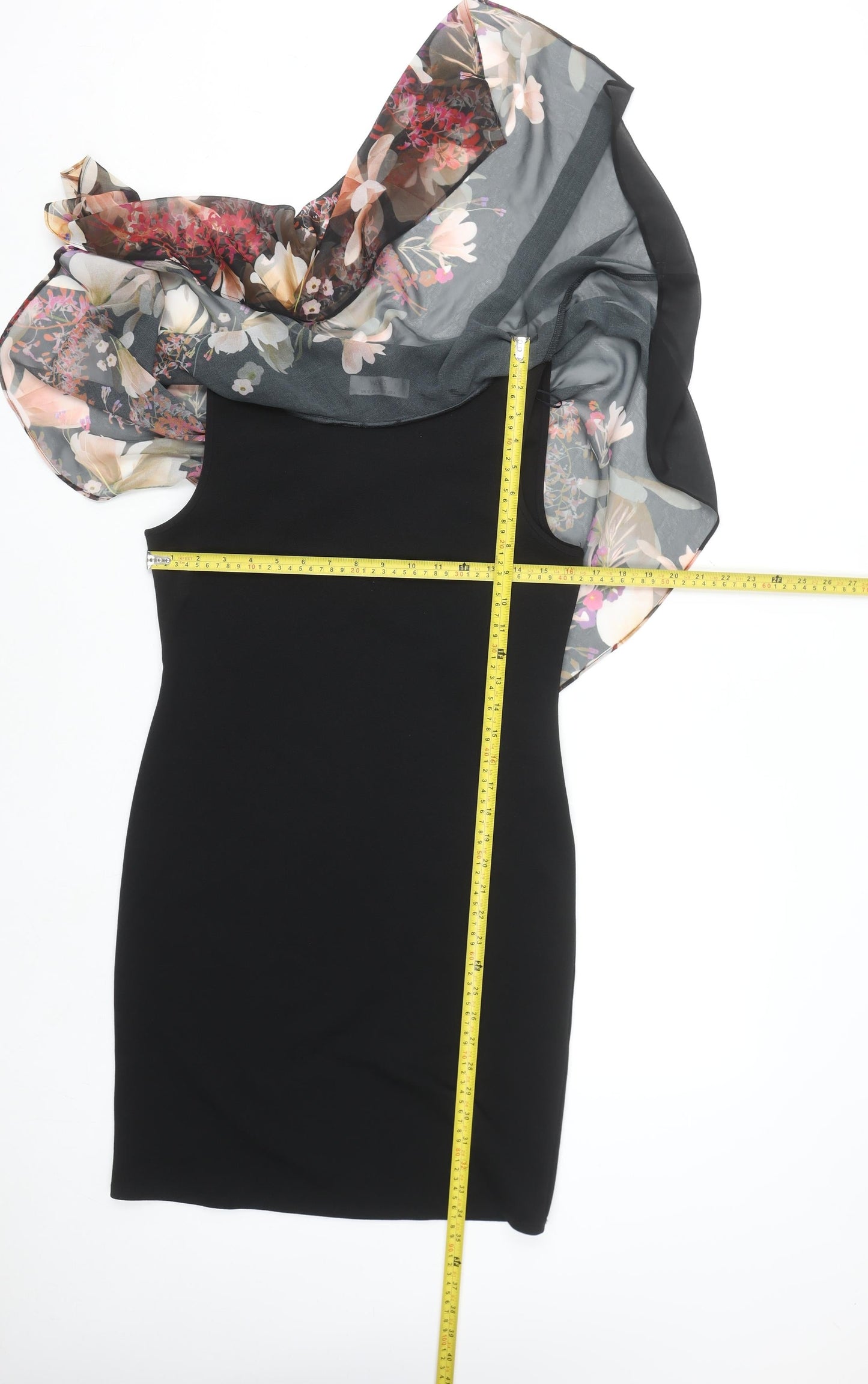Wallis Petite Black Floral Asymmetric Chiffon Overlay Sheath Dress UK 8