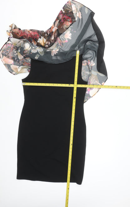 Wallis Petite Black Floral Asymmetric Chiffon Overlay Sheath Dress UK 8