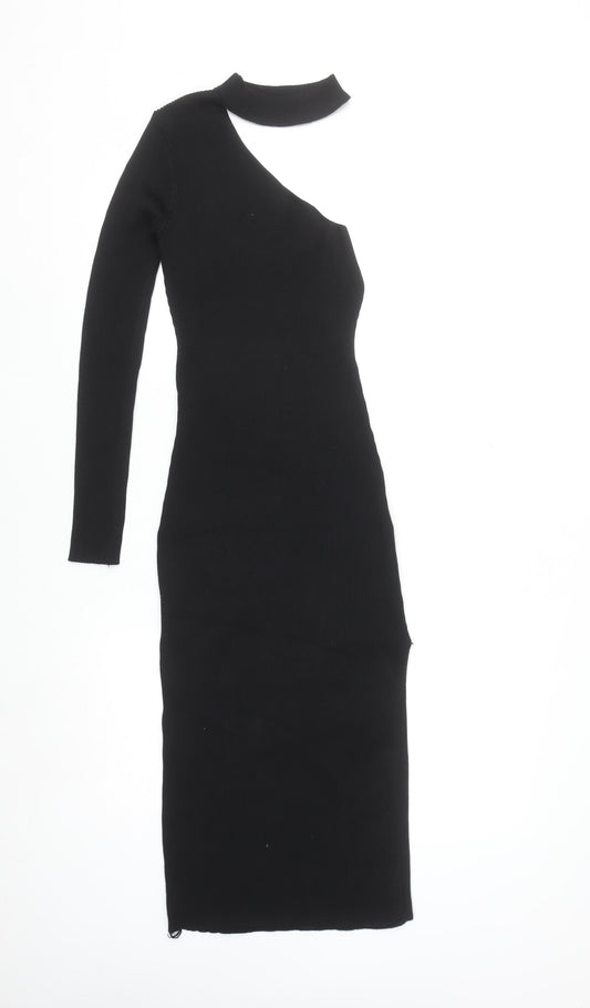 LUC-CE Womens Black Bodycon Knit Midi Dress M Asymmetric Long Sleeve