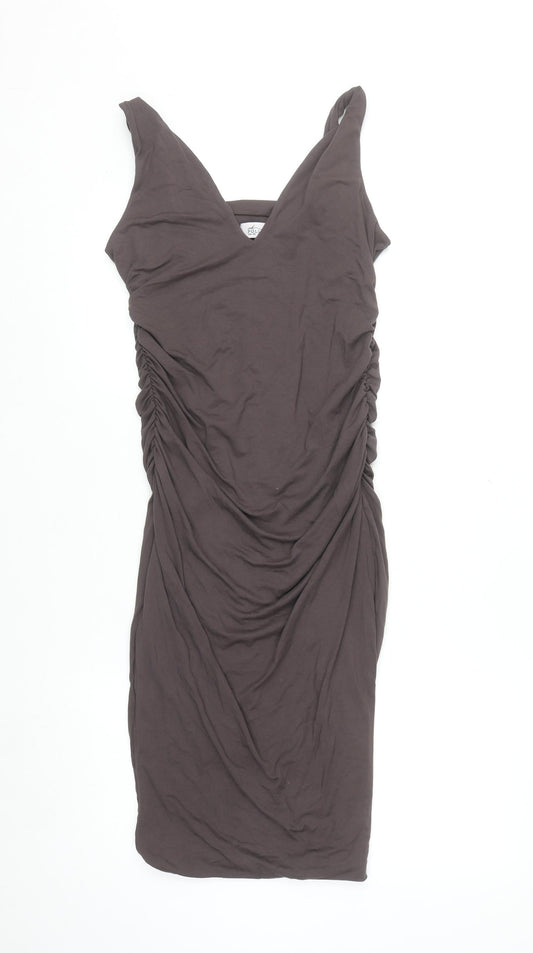 Oh Polly Women's Brown Ruched Bodycon Sleeveless V-Neck Dress Size 14