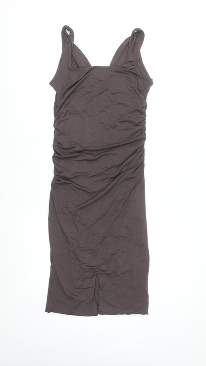 Oh Polly Women's Brown Ruched Bodycon Sleeveless V-Neck Dress Size 14