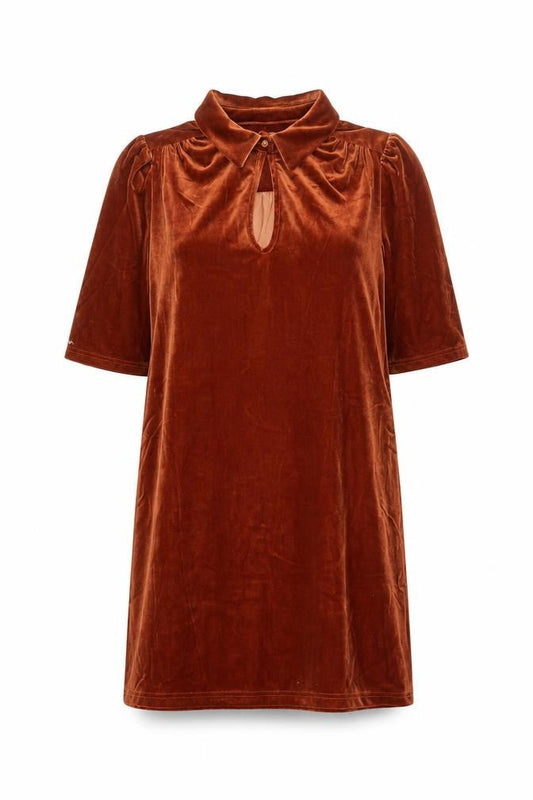 Traffic People Women Brown Velvet Shift Dress M Collared Keyhole Party