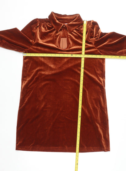 Traffic People Women Brown Velvet Shift Dress M Collared Keyhole Party