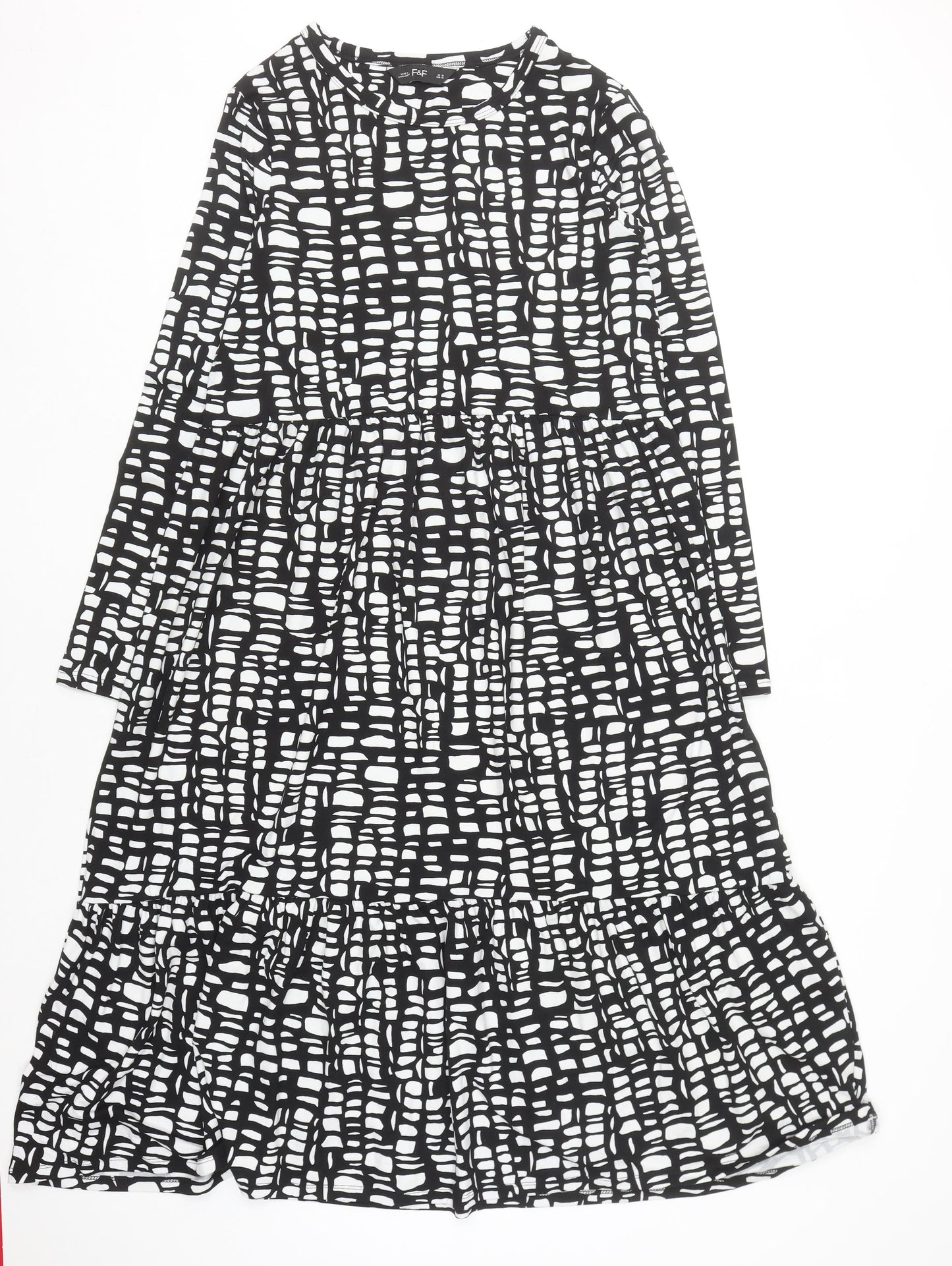 F&F Women's Black Geometric Midi Fit & Flare Dress Size 12