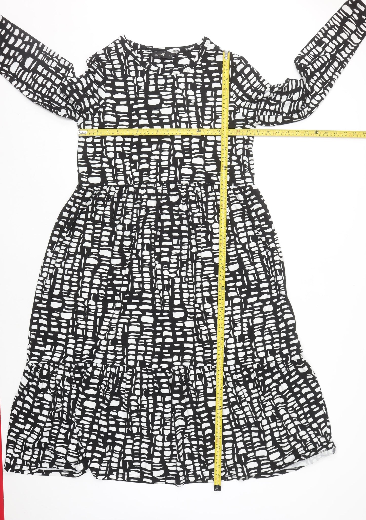 F&F Women's Black Geometric Midi Fit & Flare Dress Size 12