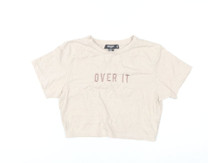 Missguided Petite Beige Cropped T-Shirt Women UK 12 Embroidered 'Over It'