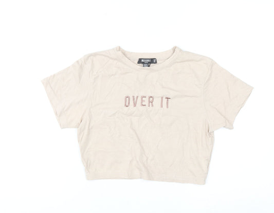 Missguided Petite Beige Cropped T-Shirt Women UK 12 Embroidered 'Over It'