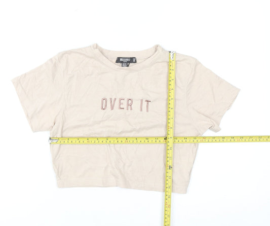 Missguided Petite Beige Cropped T-Shirt Women UK 12 Embroidered 'Over It'