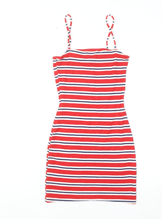 H&M Women Red Striped Bodycon Jersey Dress Size 8