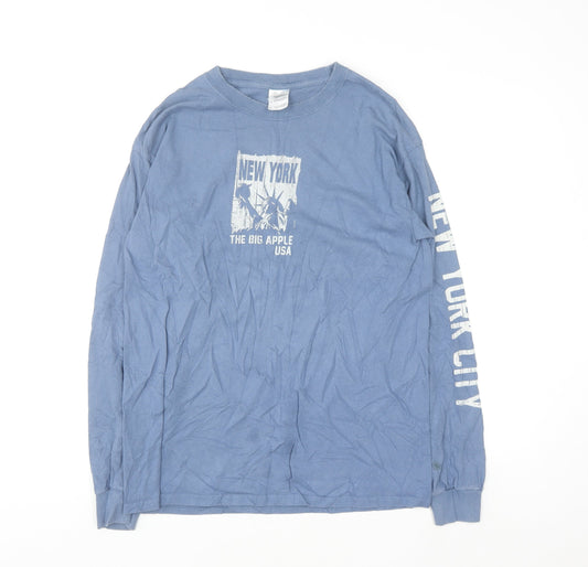 Gildan Men Blue Long Sleeve New York Graphic Cotton Top M